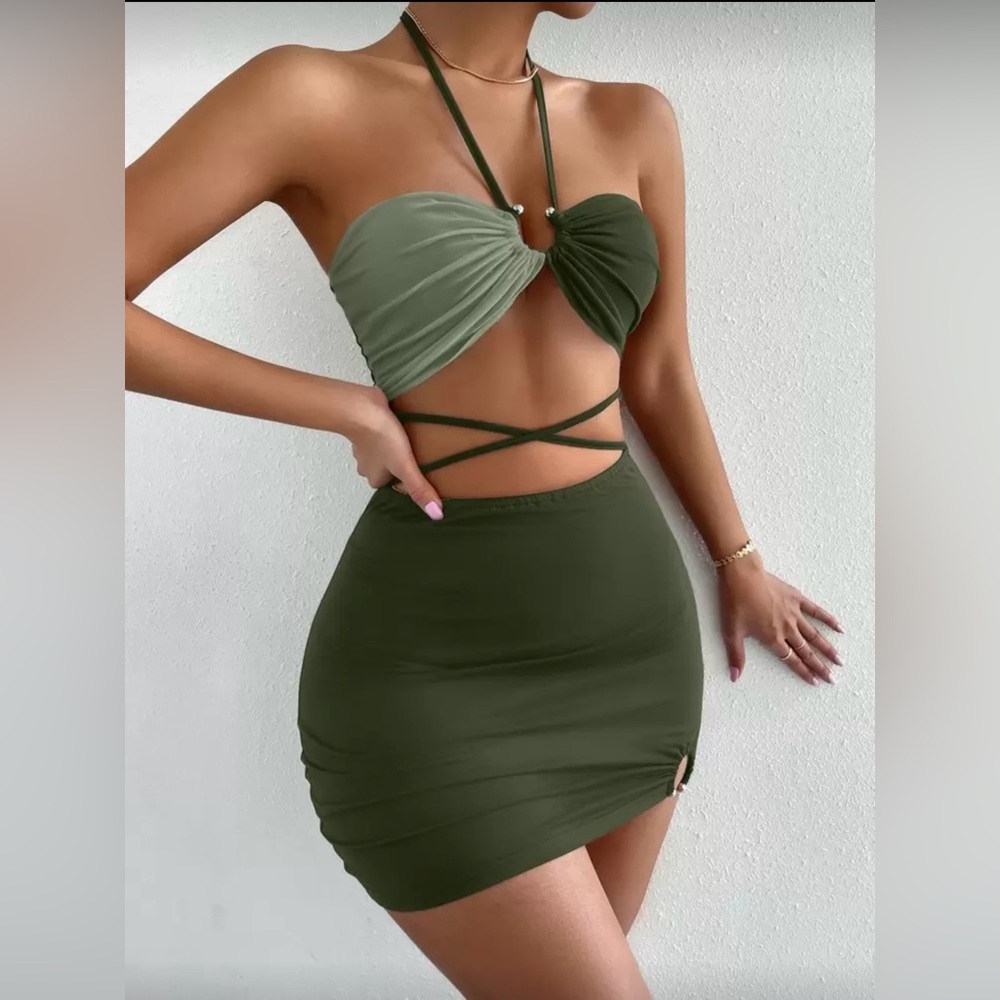 Green Contrast Halter Crop Top & Bodycon Mini Skirt 2-Piece Set | Small | NWOT